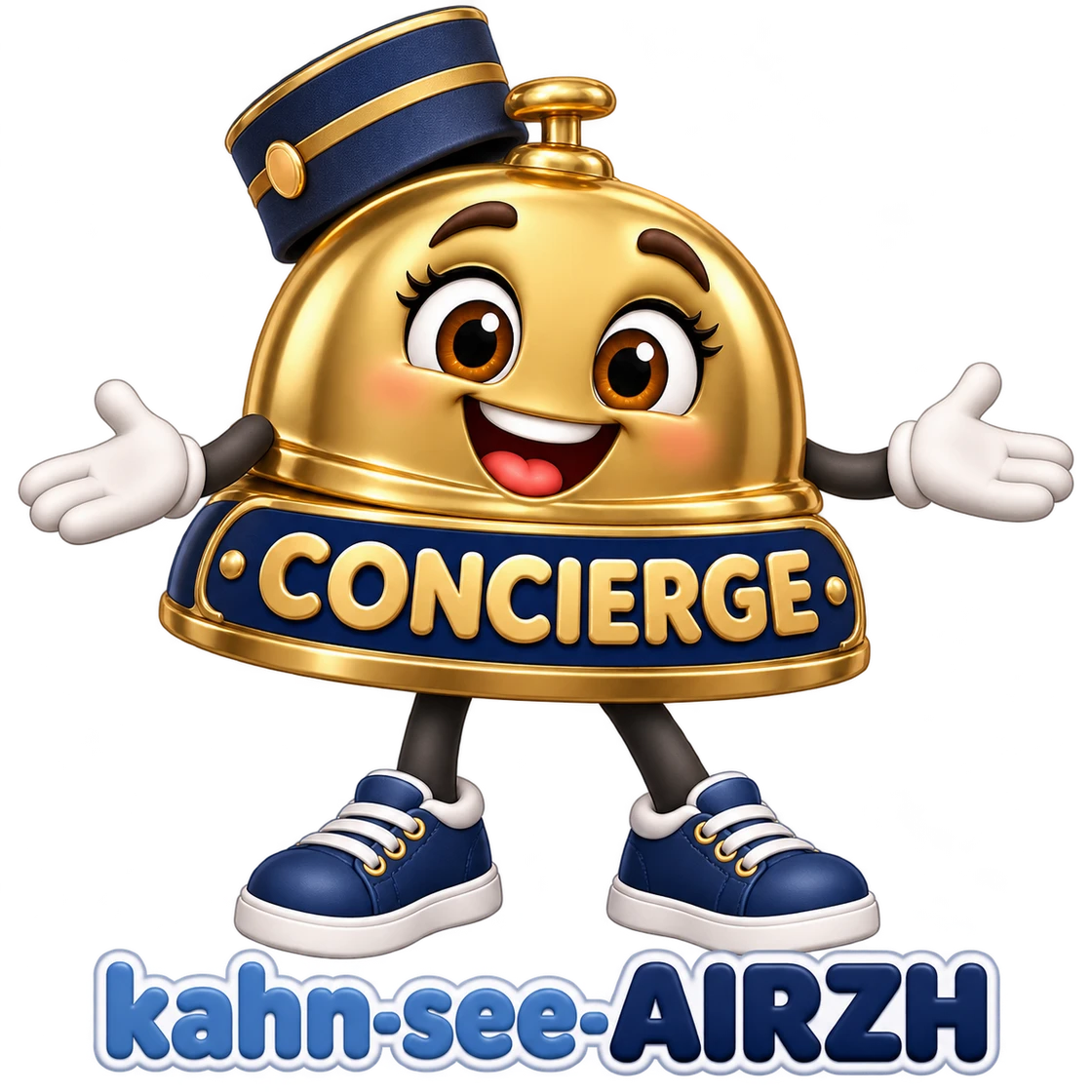 concierge character showing the word and pronunciation kahn-see-AIRZH beneath its feet.