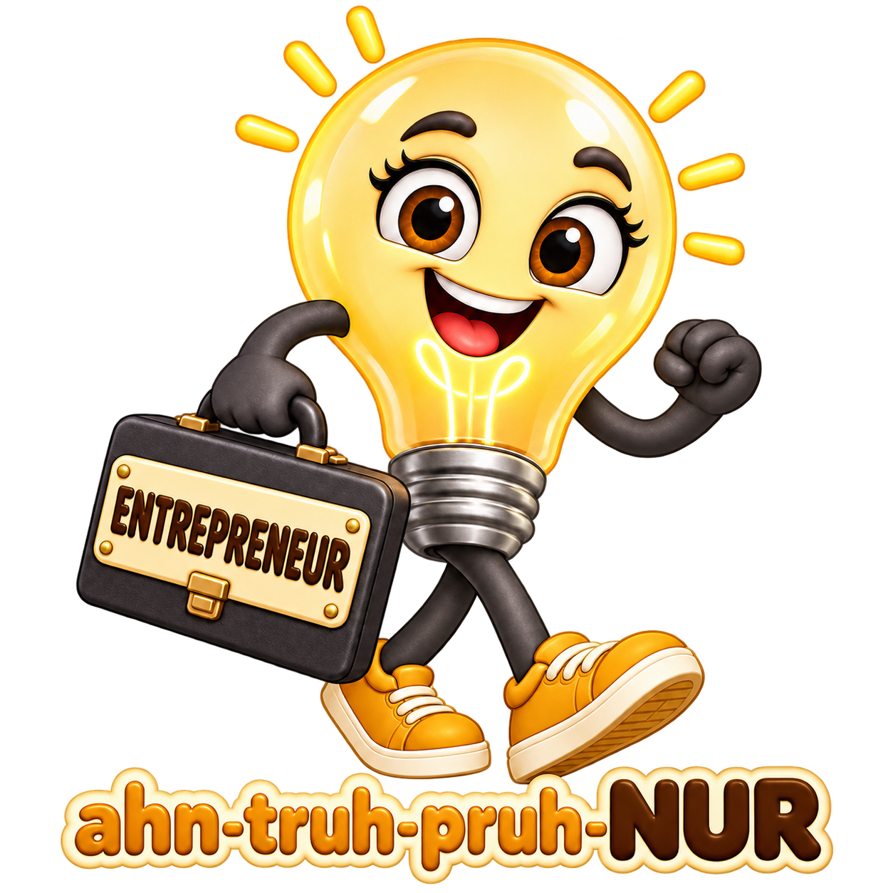 entrepreneur character showing the word and pronunciation ahn-truh-pruh-NUR beneath its feet.
