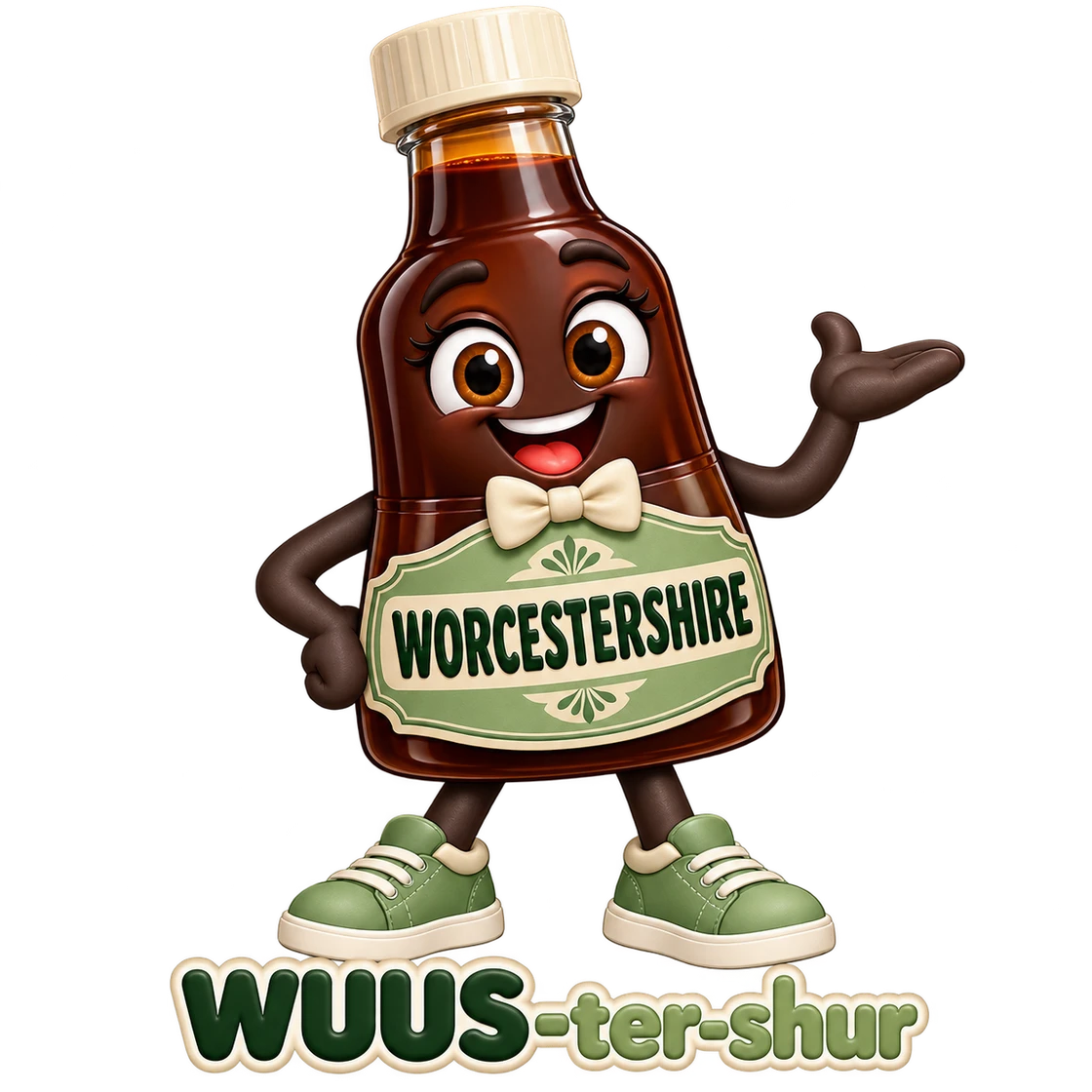 worcestershire character showing the word and pronunciation WUUS-ter-shur beneath its feet.